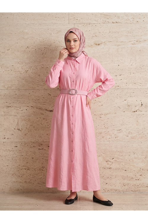 Yakalı Patlı Elbise-Pembe