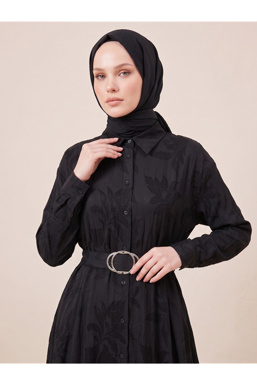 Yakalı Patlı Elbise-Siyah