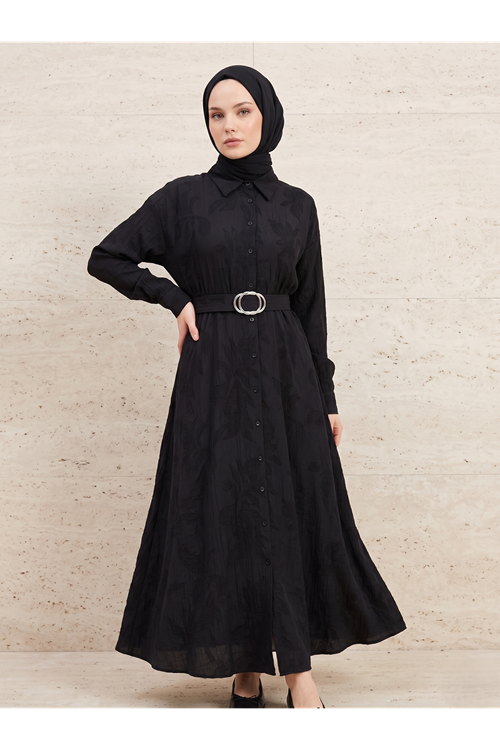 Yakalı Patlı Elbise-Siyah