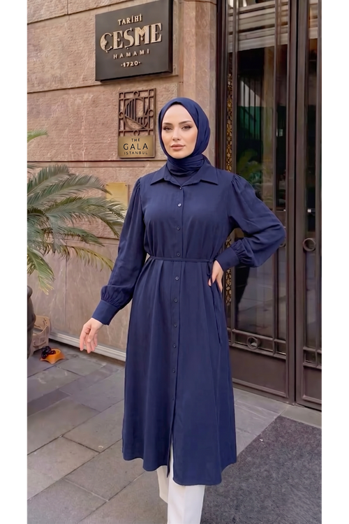 Yakalı Uzun Kupra Tunik-Lacivert
