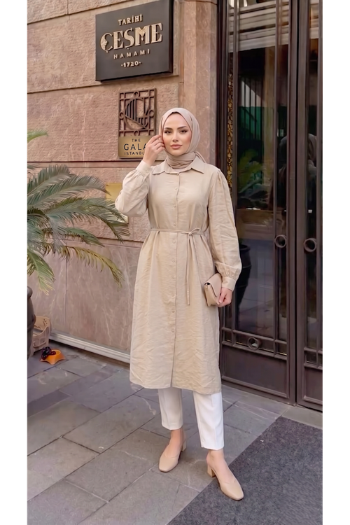 Yakalı Uzun Kupra Tunik-Taş