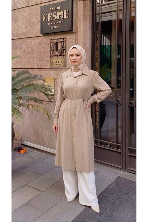 Yakalı Uzun Kupra Tunik-Vizon