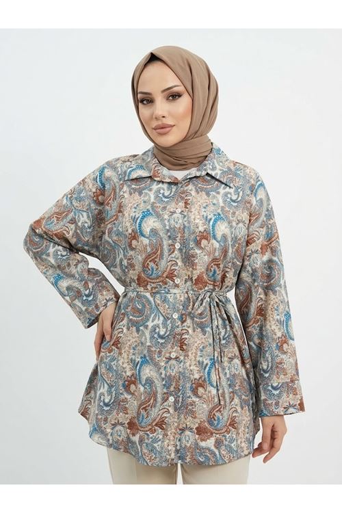 Geniş Manşet Baskılı Tunik-Color