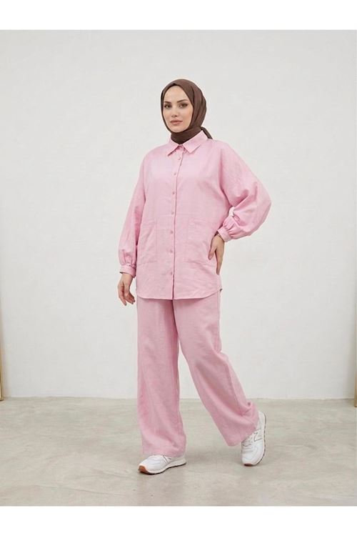 Cep Detay Kol Büzgülü Pantolonlu Takım-Pembe