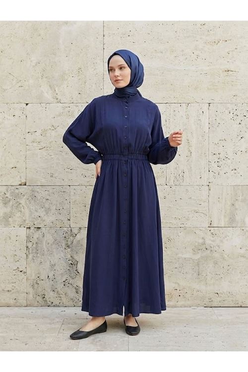 Yarasa Kol Bel Lastikli Elbise-Lacivert