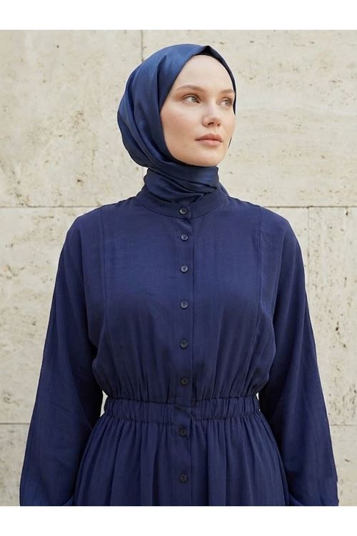 Yarasa Kol Bel Lastikli Elbise-Lacivert