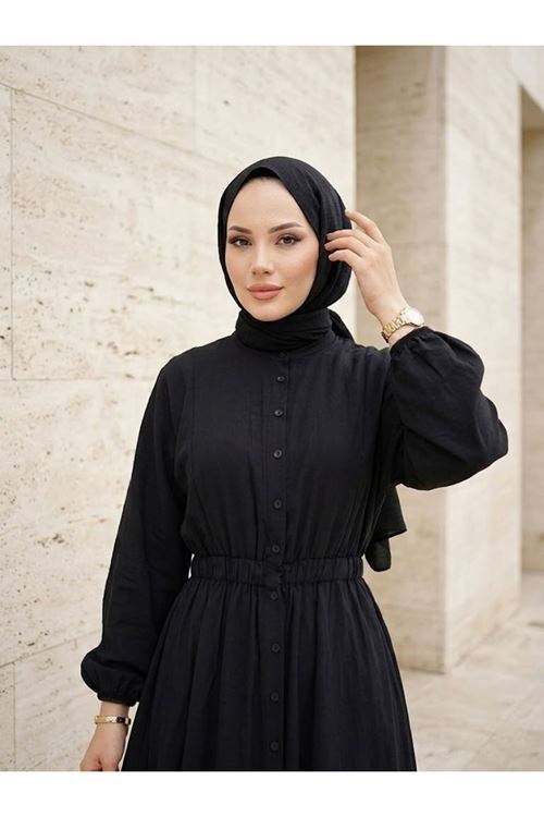 Yarasa Kol Bel Lastikli Elbise-Siyah