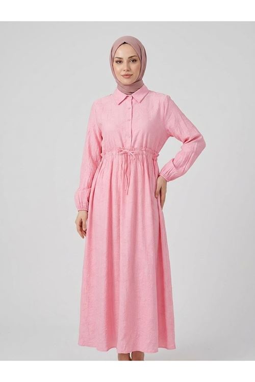 Bel Fırfır Detay Yarım Pat Elbise-Pembe