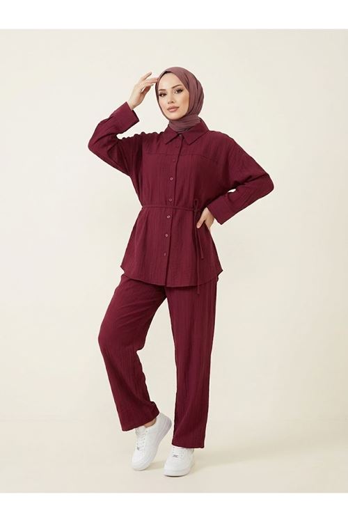 Roba Detay Pantolonlu Çilek Takım-Bordo