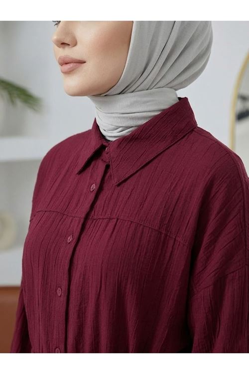 Kadın Bordo Rahat Kalıp Çilek Kumaş Gömlek Yaka Boydan Düğmeli Tunik Pantolonlu Takım Kombin