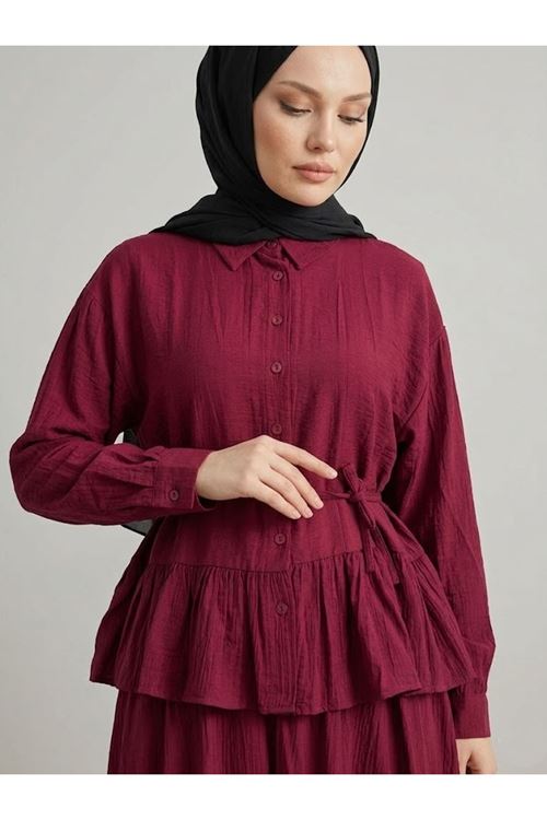 Büzgülü Etekli Çilek Takım-Bordo