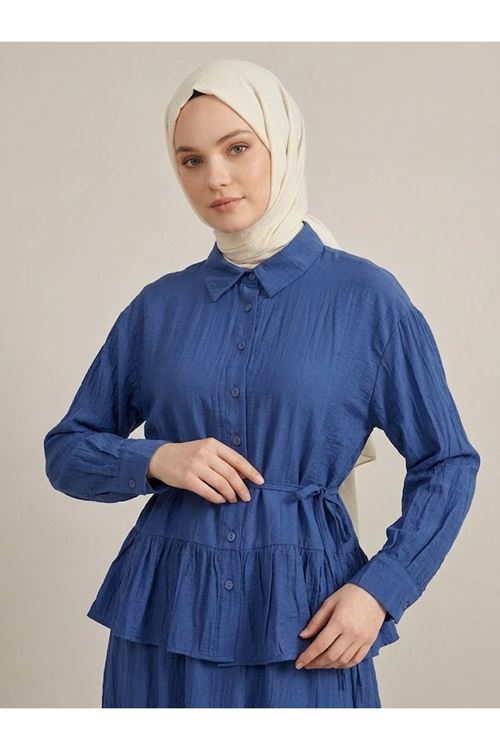 Kadın İndigo Gömlek Yaka Etek Ucu Büzgülü Tunik Etekli Kombin Çilek Kumaş Yazlık İnce Tesettür Takım