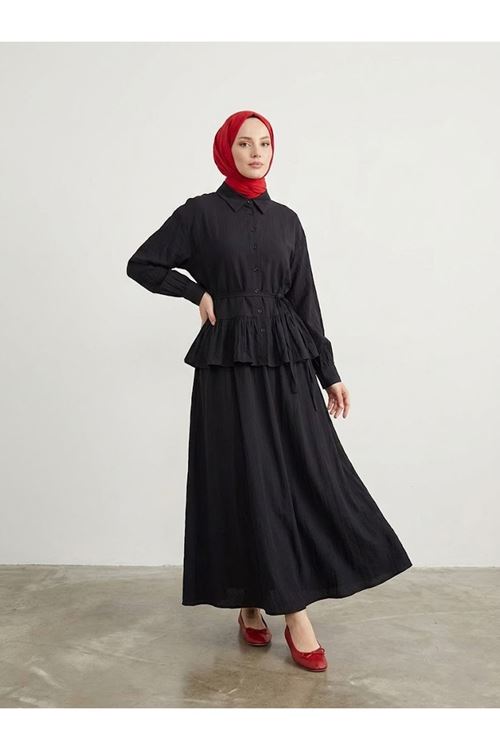 Büzgülü Etekli Çilek Takım-Siyah