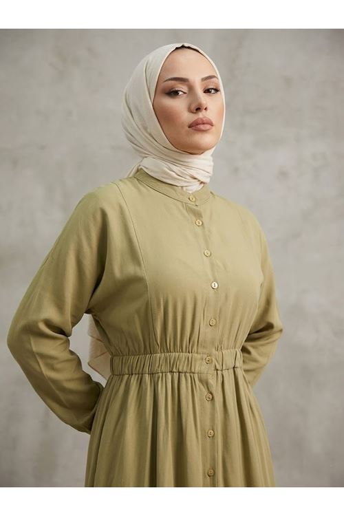Yarasa Kol Bel Lastikli Elbise-YAĞ YEŞİLİ
