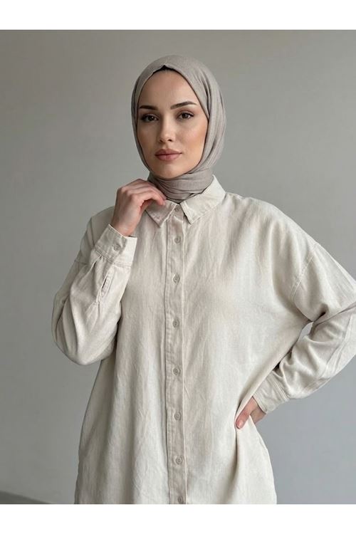 Kadın Ekru Rahat Kalıp Yazlık Gömlek Tunik Pantolon Trend Şık Spor Günlük Tesettür Takım Kombin 