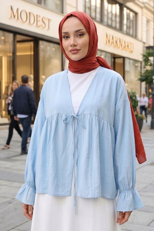 Kadın Mavi Roba Büzgülü Kol Lastik Detaylı Çilek Kumaş Yazlık İnce Bağlamalı Tunik 