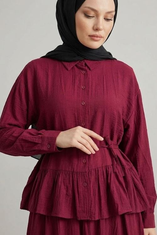 Kadın Bordo Gömlek Yaka Etek Ucu Büzgülü Tunik Etekli Kombin Çilek Kumaş Yazlık İnce Tesettür Takım