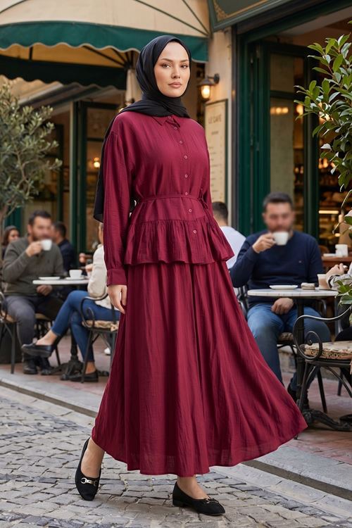 Kadın Bordo Gömlek Yaka Etek Ucu Büzgülü Tunik Etekli Kombin Çilek Kumaş Yazlık İnce Tesettür Takım