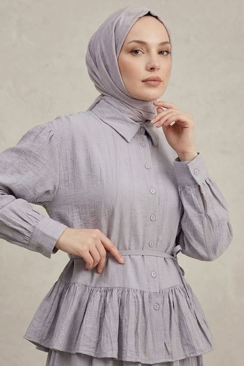 Kadın Gri Gömlek Yaka Etek Ucu Büzgülü Tunik Etekli Kombin Çilek Kumaş Yazlık İnce Tesettür Takım