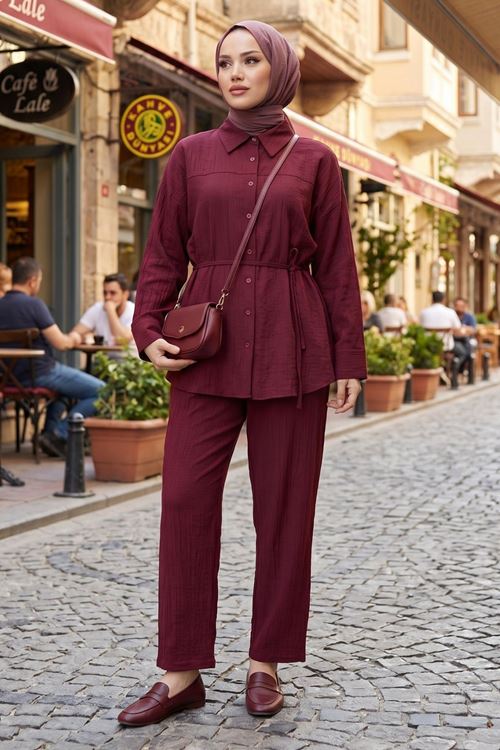 Kadın Bordo Rahat Kalıp Çilek Kumaş Gömlek Yaka Boydan Düğmeli Tunik Pantolonlu Takım Kombin