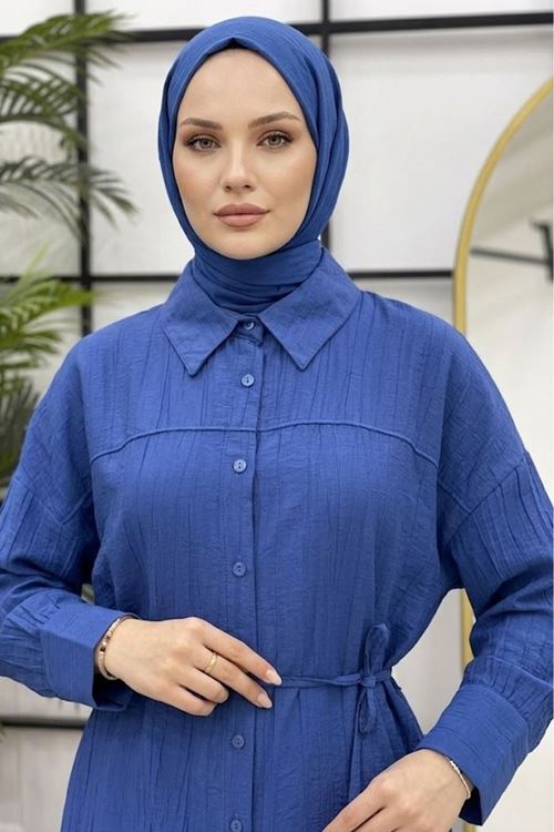 Kadın İndigo Rahat Kalıp Çilek Kumaş Gömlek Yaka Boydan Düğmeli Tunik Pantolonlu Takım Kombin