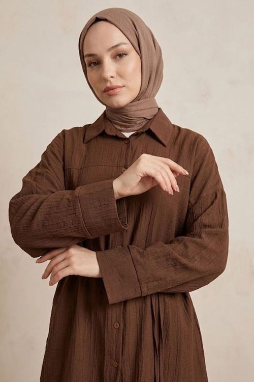 Kadın Kahve Rahat Kalıp Çilek Kumaş Gömlek Yaka Boydan Düğmeli Tunik Pantolonlu Takım Kombin