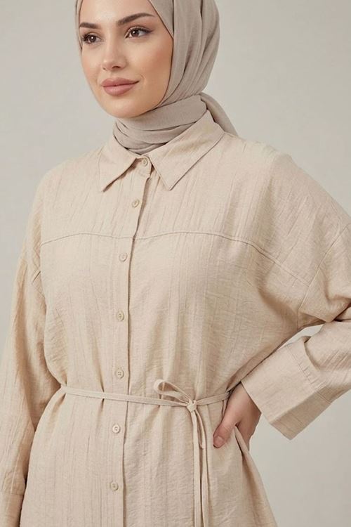 Kadın Taş Rahat Kalıp Çilek Kumaş Gömlek Yaka Boydan Düğmeli Tunik Pantolonlu Takım Kombin