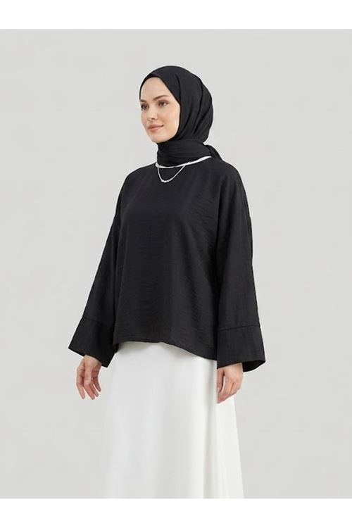 Geniş Takma Manşet Tunik-Siyah