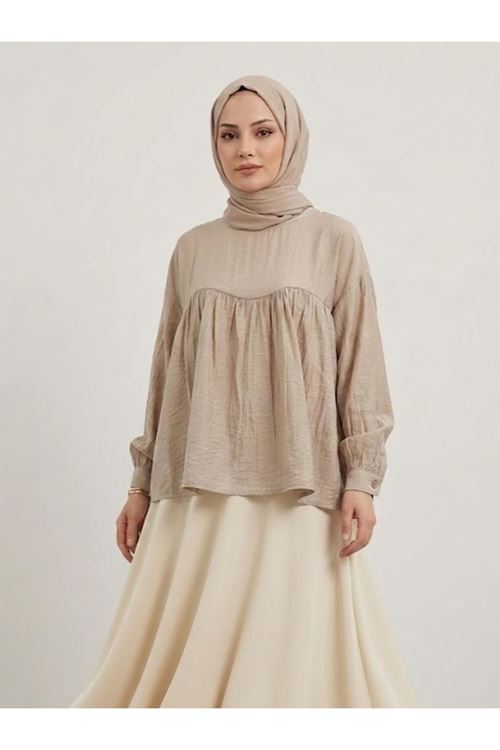 Manşet Detay Büzgülü Tunik-Vizon