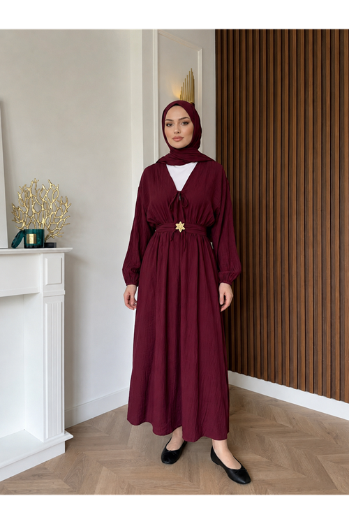 Kuşak Aksesuar Detay BAĞLAMALI eLBİSE-Bordo