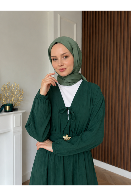 Kuşak Aksesuar Detay BAĞLAMALI eLBİSE-Zümrüt Yeşili