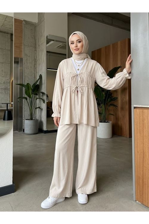 Büzgülü Bağlamalı Pantolonlu Takım-Taş
