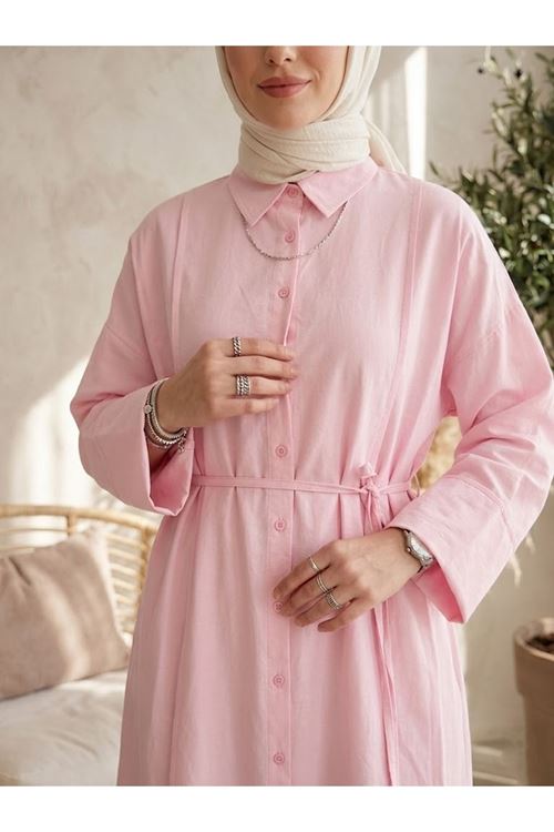 Kadın Pembe Gömlek Yaka Full Düğmeli Ön Nevrür Detay  Yazlık Trend Tesettür Uzun Tunik