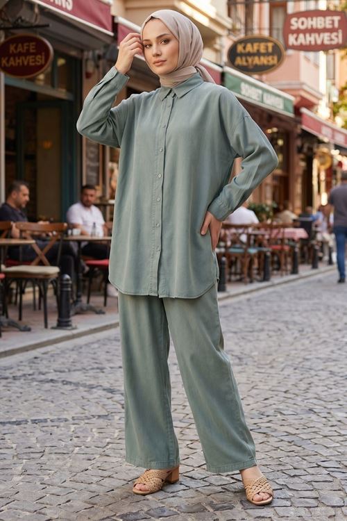 Kadın Haki Rahat Kalıp Yazlık Gömlek Tunik Pantolon Trend Şık Spor Günlük Tesettür Takım Kombin 