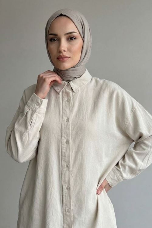 Kadın Ekru Rahat Kalıp Yazlık Gömlek Tunik Pantolon Trend Şık Spor Günlük Tesettür Takım Kombin 
