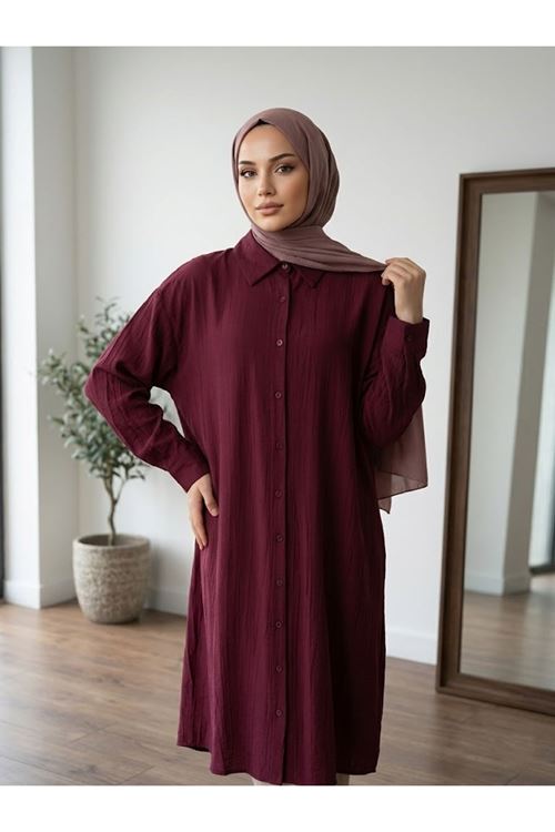 Arka A Pile Uzun Tunik-Bordo