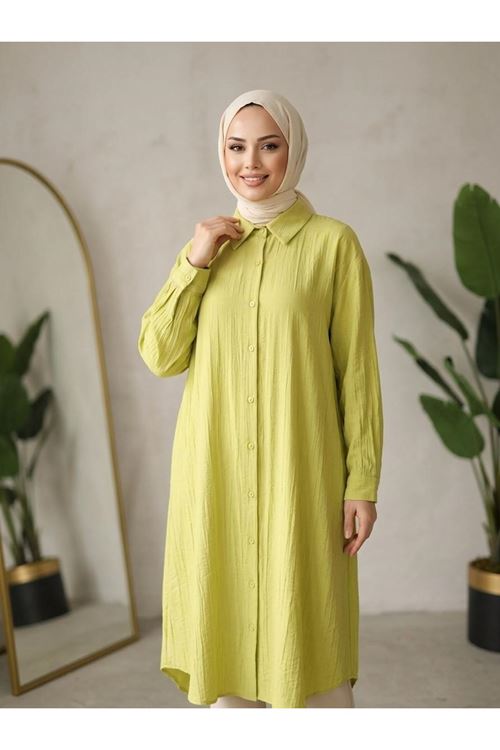 Kadın Gömlek Yaka Arka A Pile Çilek Kumaş Yazlık Efil Efil Trend 110 CM Yağ Yeşil Tesettür Uzun Tunik 
