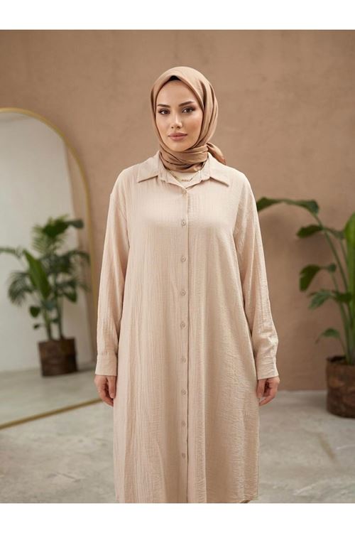 Kadın Gömlek Yaka Arka A Pile Çilek Kumaş Yazlık Efil Efil Trend 110 CM Taş Tesettür Uzun Tunik 