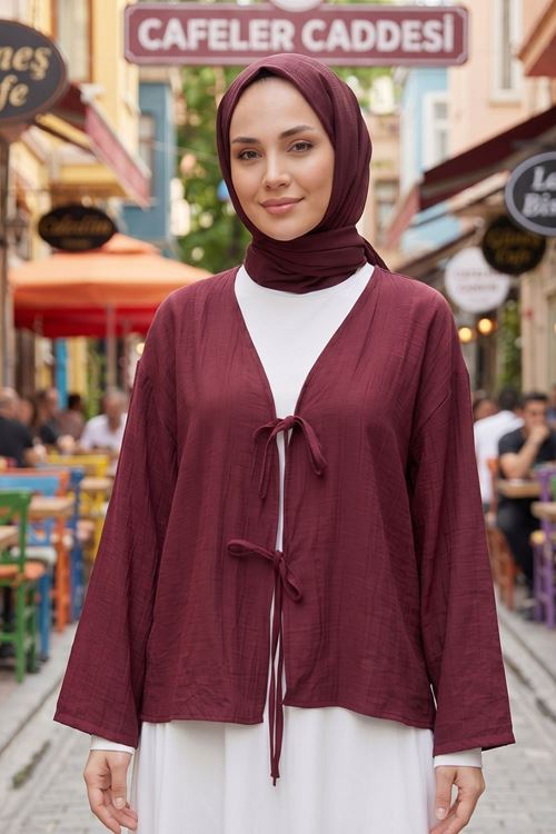 Kadın Bordo Ön Bağlamalı Yeni Sezon Günlük Rahat Kalıp Trend İnce Çilek Kumaş  Tesettür Kimono Tunik