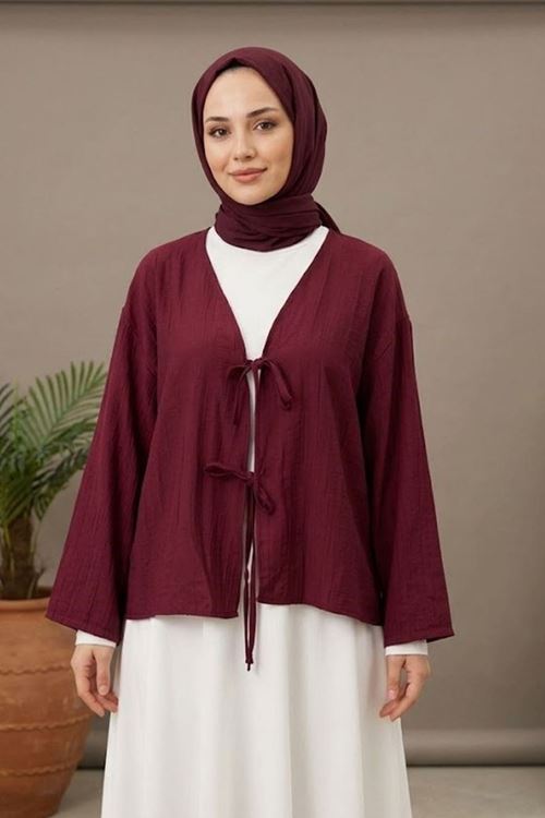 Kadın Bordo Ön Bağlamalı Yeni Sezon Günlük Rahat Kalıp Trend İnce Çilek Kumaş  Tesettür Kimono Tunik