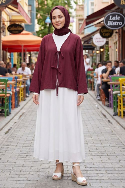 Kadın Bordo Ön Bağlamalı Yeni Sezon Günlük Rahat Kalıp Trend İnce Çilek Kumaş  Tesettür Kimono Tunik
