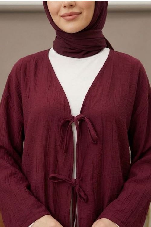 Kadın Bordo Ön Bağlamalı Yeni Sezon Günlük Rahat Kalıp Trend İnce Çilek Kumaş  Tesettür Kimono Tunik