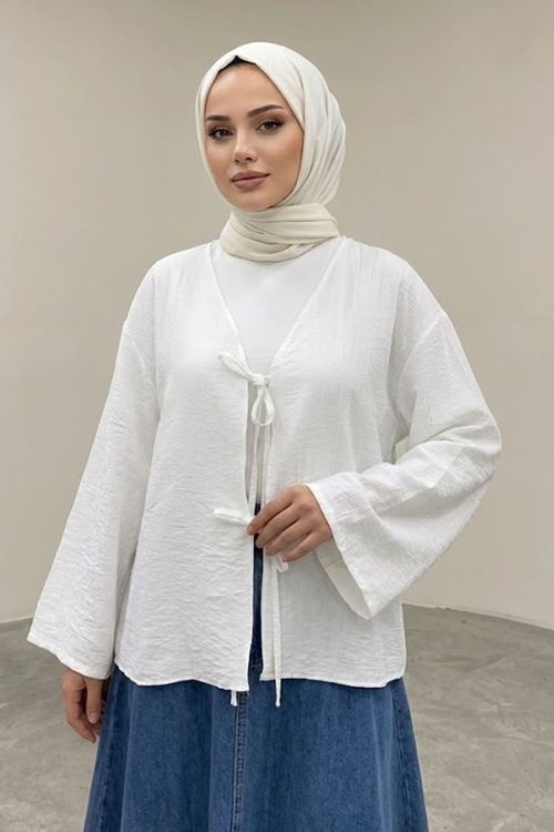 Kadın Ekru Ön Bağlamalı Yeni Sezon Günlük Rahat Kalıp Trend İnce Çilek Kumaş  Tesettür Kimono Tunik