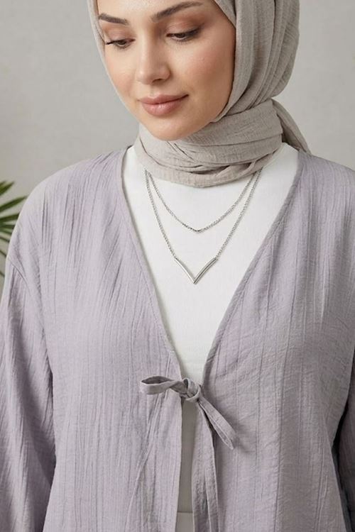 Kadın Gri Ön Bağlamalı Yeni Sezon Günlük Rahat Kalıp Trend İnce Çilek Kumaş  Tesettür Kimono Tunik