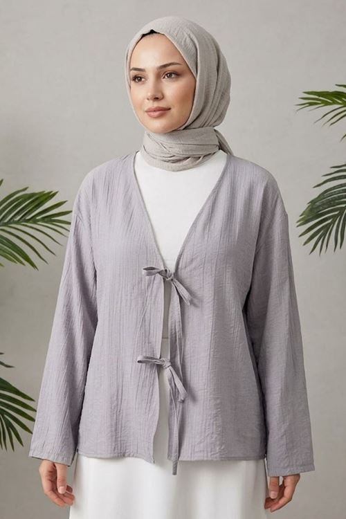 Kadın Gri Ön Bağlamalı Yeni Sezon Günlük Rahat Kalıp Trend İnce Çilek Kumaş  Tesettür Kimono Tunik