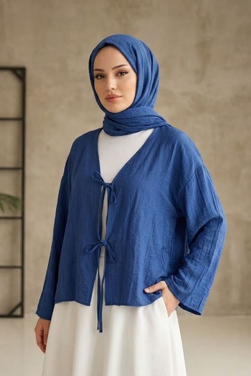 Kadın İndigo Ön Bağlamalı Yeni Sezon Günlük Rahat Kalıp Trend İnce Çilek Kumaş  Tesettür Kimono Tunik
