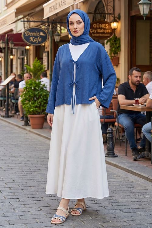 Kadın İndigo Ön Bağlamalı Yeni Sezon Günlük Rahat Kalıp Trend İnce Çilek Kumaş  Tesettür Kimono Tunik
