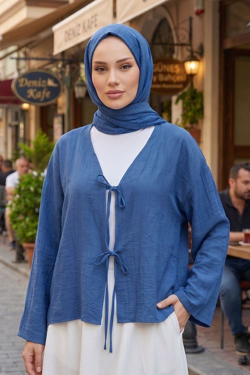 Kadın İndigo Ön Bağlamalı Yeni Sezon Günlük Rahat Kalıp Trend İnce Çilek Kumaş  Tesettür Kimono Tunik