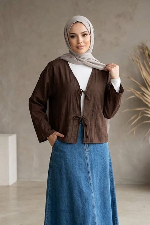Kadın Kahve Ön Bağlamalı Yeni Sezon Günlük Rahat Kalıp Trend İnce Çilek Kumaş  Tesettür Kimono Tunik