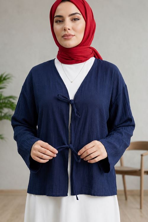 Kadın Lacivert Ön Bağlamalı Yeni Sezon Günlük Rahat Kalıp Trend İnce Çilek Kumaş  Tesettür Kimono Tunik